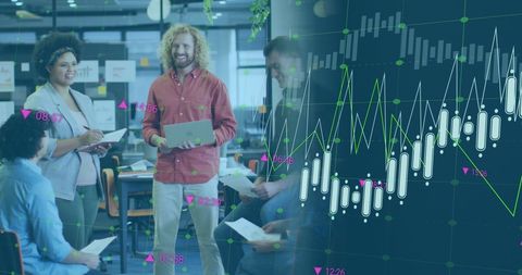 Diverse team collaboration with financial analysis graphics
