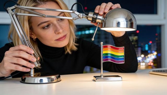 Adjusting chrome desk lamp illuminating small rainbow pride flag on office desk at night