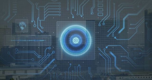Futuristic Holographic Interface Overlaid on City Skyline