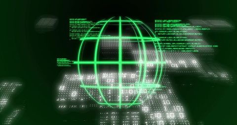 Neon green holographic globe rotating above binary data grid digital cyberspace interface