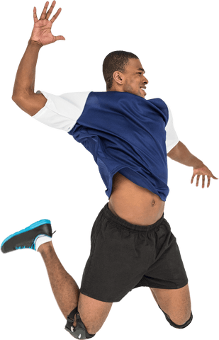 Athletic sportsman jumping enthusiastically on transparent background