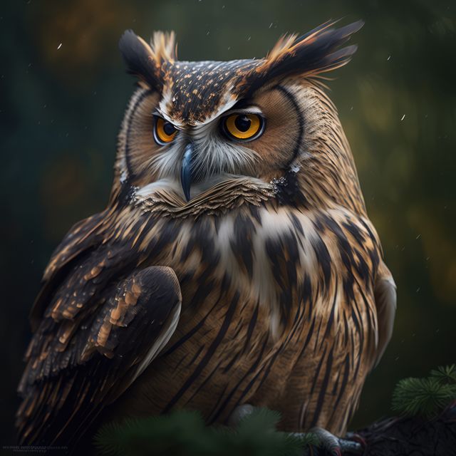 Close-up of a majestic Eurasian eagle-owl perched in a forest setting, showcasing detailed feathers and expressive eyes. This image can be used for nature-themed content, wildlife education resources, bird-watching brochures, conservation campaigns, and wildlife photography collections.