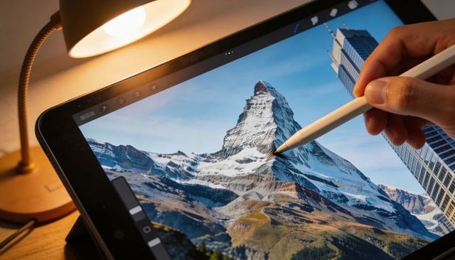 Creative retouching snow-capped mountain on tablet with stylus warm desk lamp