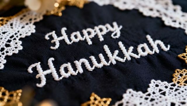 Hand-Embroidered Happy Hanukkah Greeting on Dark Fabric with Lace Trim and Gold Stars