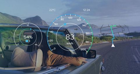 Woman cruising convertible on coastal road with hud navigation and speed display