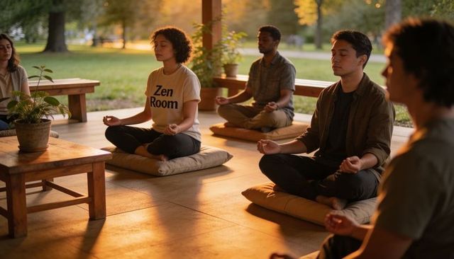 Group meditating on cushions in wooden pavilion at golden hour for mindfulness wellness