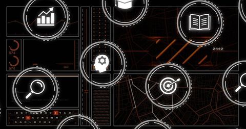 Displaying hud cluster on futuristic digital dashboard showcasing analytics and mapping