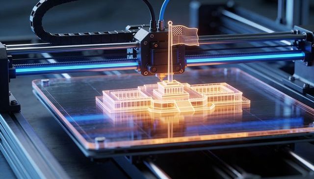 3D Printer Printing Holographic Federal Building Model with American Flag in Makerspace