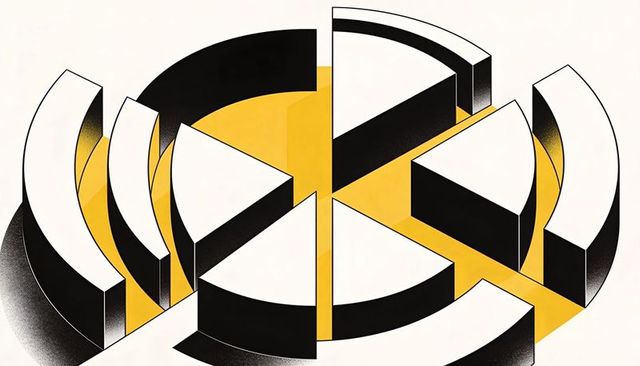 Fragmented 3d concentric circle geometry with mustard core and stippled shadows