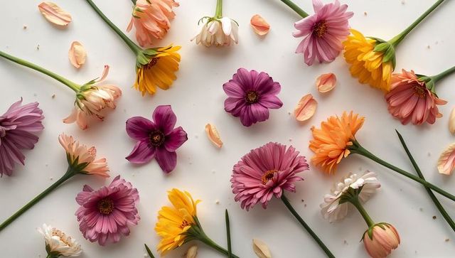 Arranging pastel gerbera daisies with loose petals and pollen on white backdrop