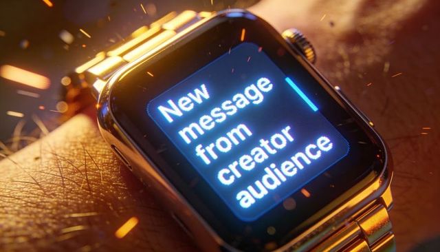 Smartwatch receiving creator message notification closeup with stainless steel bracelet