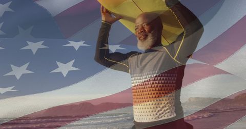 Senior Black Man Carrying Surfboard with American Flag Overlay