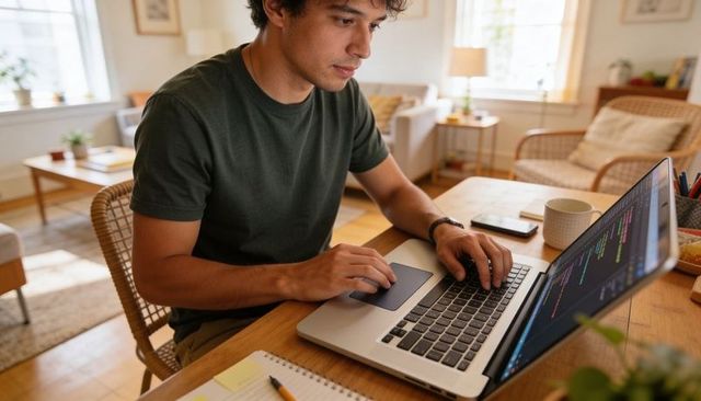 Young man coding on laptop in cozy sunlit home workspace for remote work