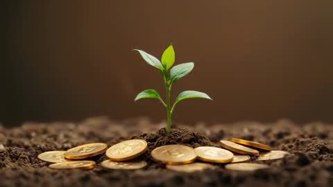 Camera moving closer to seedling growing from coins and soil symbolizing investment growth