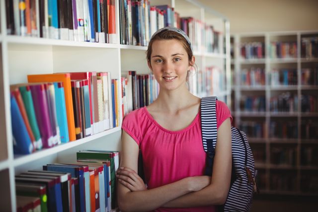 Portrait of schoolgirl standing with arms crossed in library at school