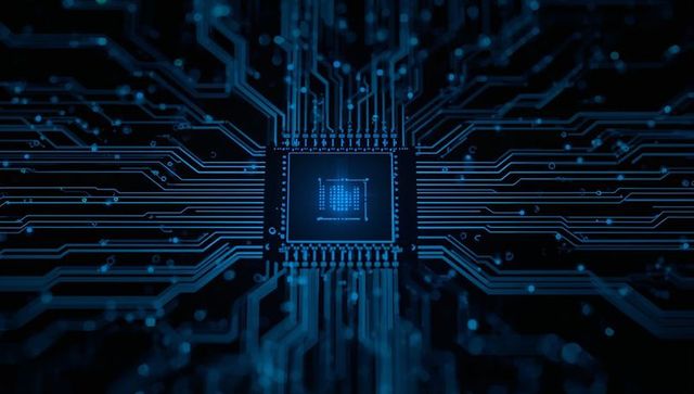 Futuristic central processor unit with glowing blue cybernetics