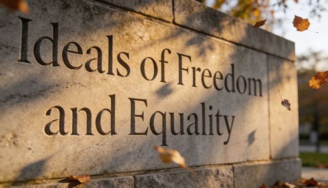 Engraved stone panel reading ideals of freedom and equality with falling autumn leaves