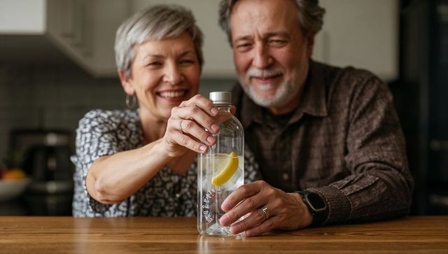 Senior couple holding lemon infused water bottle smiling at kitchen table warm morning