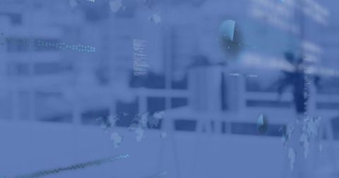 Blue digital overlay reflecting global data streams across minimal open-plan workspace