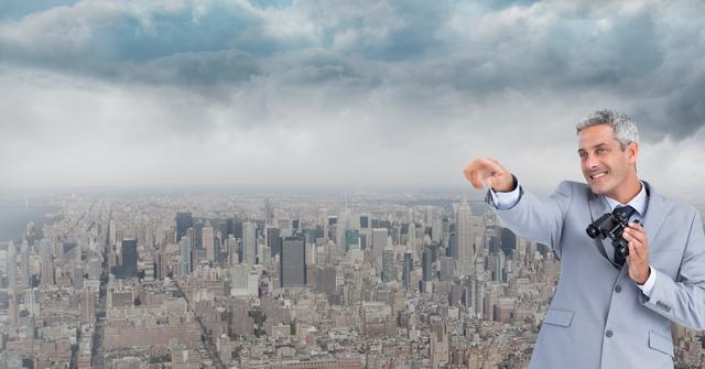 Digital composite of Smiling businessman with binoculars gesturing while standing against city