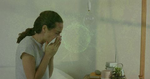 Concept of Covid-19 with Sneezing Woman and Virus Visualization