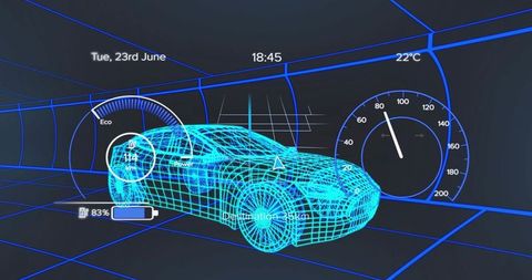 Futuristic wireframe sedan model with virtual interface displays