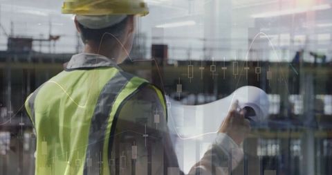Female Architect Holding Blueprints at Construction Site with Graph Overlay - Download Free Stock Images Pikwizard.com