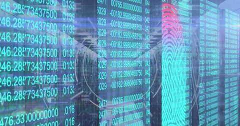 Fingerprint Overlay on Digital Code Reflecting Cybersecurity and Data Innovation