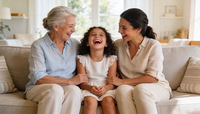 Laughing multigenerational family sharing joyful moment on sunlit living room sofa