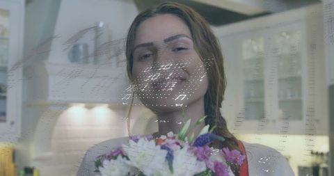 Joyful Woman Holding Floral Bouquet in Home Kitchen with Digital Glitch Effect