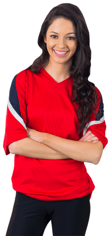 Confident Female Football Fan in Vibrant Red Shirt Isolated on Transparent Background