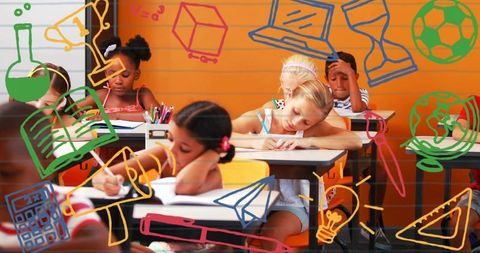 Elementary students writing and focusing on classroom tasks with colorful doodle overlays
