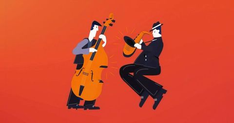 Vibrant jazz duo playing insruments against orange background