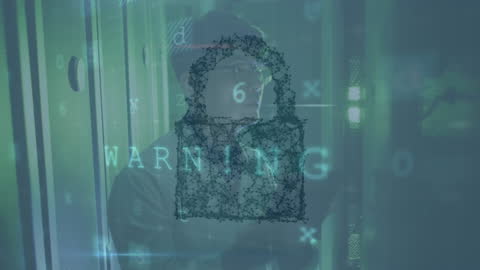 Cybersecurity Concepts with Padlock Icon Overlay in Server Room