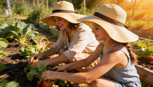 Mother and daughter harvesting bell peppers in sunlit raised bed garden wearing straw hats