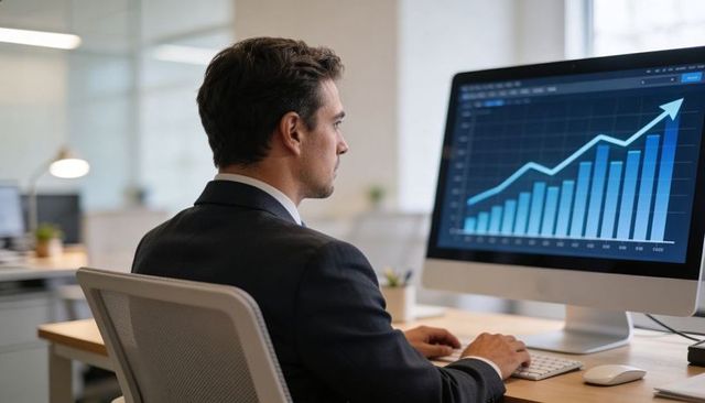 Executive analyzing rising financial chart on desktop monitor in modern office workspace