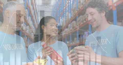 Volunteers Checking Donations in Warehouse with Financial Data Overlay