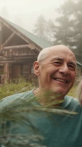 Smiling senior man leaning toward partner at rustic cabin in misty woodland vertical video