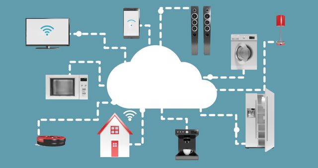 Illustration depicting various smart home devices linked to a central cloud network, showing connectivity and integration of IoT. Useful for presentations on home automation, smart living solutions, or articles about emerging technologies.