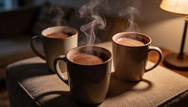Steaming ceramic mugs filled with hot chocolate under warm lamp light, cozy living room mood