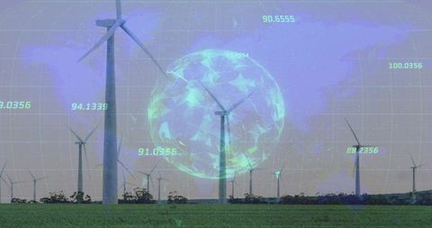 Holographic energy network projecting over wind farm showing real-time data readouts