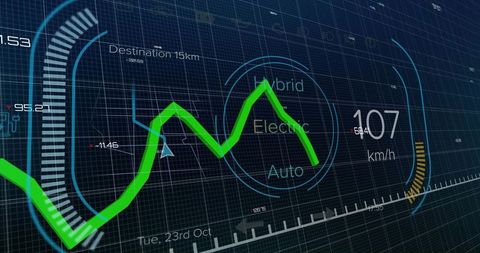 Futuristic HUD cockpit displaying holographic telemetry, navigation and green performance graph
