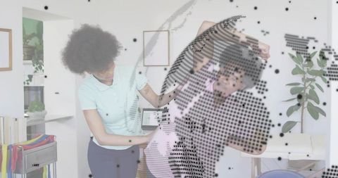 Caregiver assisting senior with side-bend therapy in bright rehab with halftone overlay