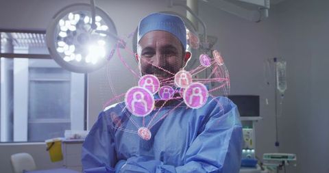 Surgeon standing crossing arms facing pink holographic network in operating room