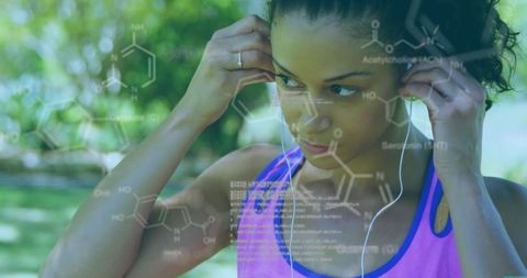 Digital Data Overlay on Fit Woman Outdoors with Earphones