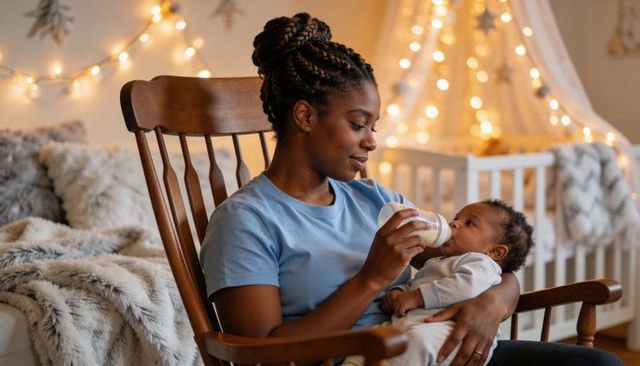 Mother bottle-feeding newborn in cozy nursery rocking chair with warm string lights