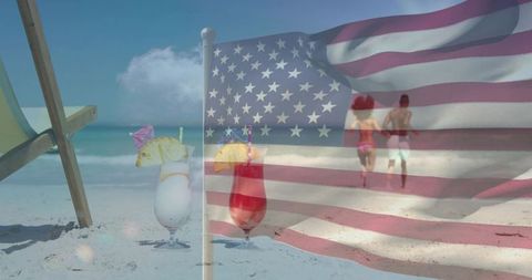 Waving american flag over tropical beach with cocktails and running romantic couple
