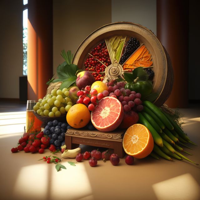 Empty room with basket of vegetables and fruit on floor over columns, using generative ai technology. Food, shopping and healthy concept digitally generated image.