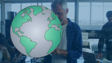 Animated Globe Overlay on Busy Office