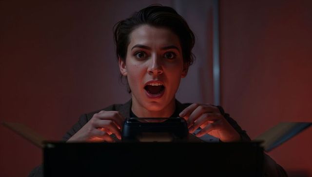 Woman unboxing glowing gadget from black box with moody lighting and shocked expression